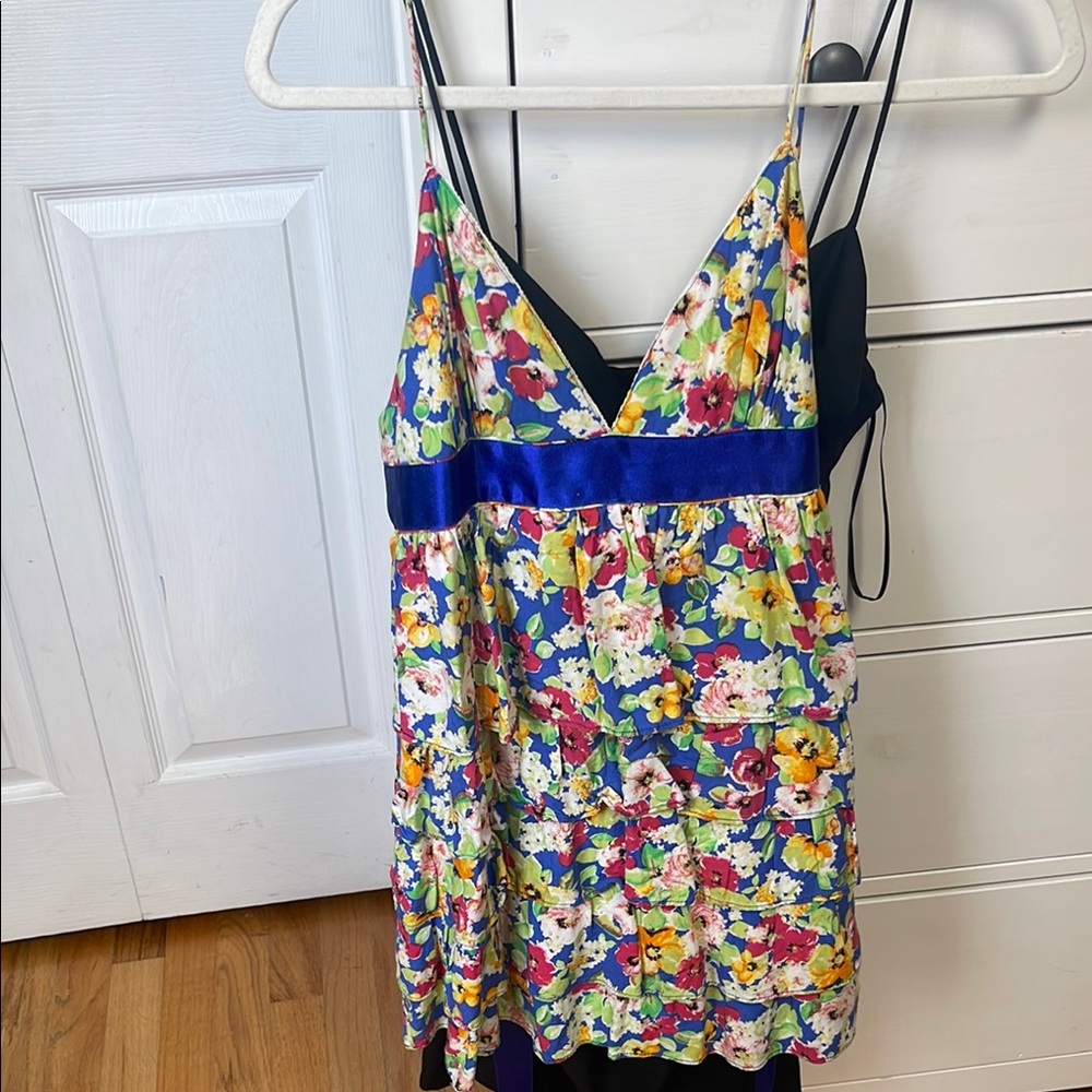 Floral Spaghetti Strap Dress with Blue Accents
